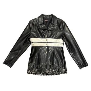 Planete interdite embroidered faux leather jacket black white fits S M vintage